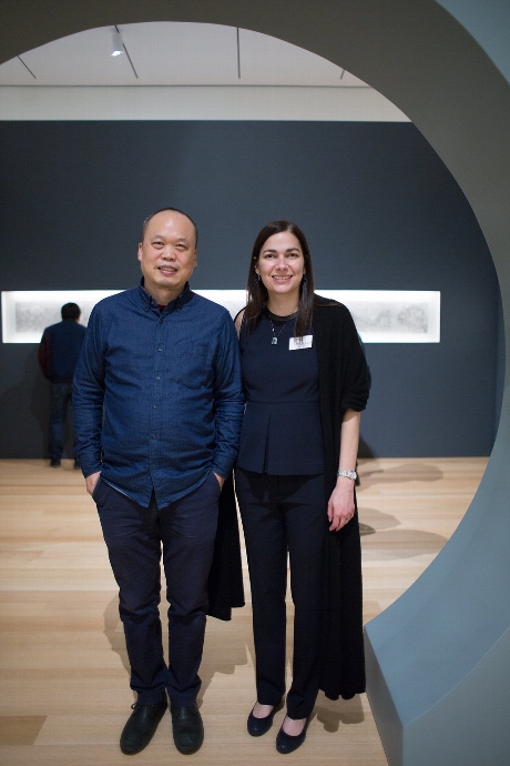  Artist Yun-Fei Ji and Wellin Museum Director Tracy L. Adler standing under the moongate in Ji's exhibition 