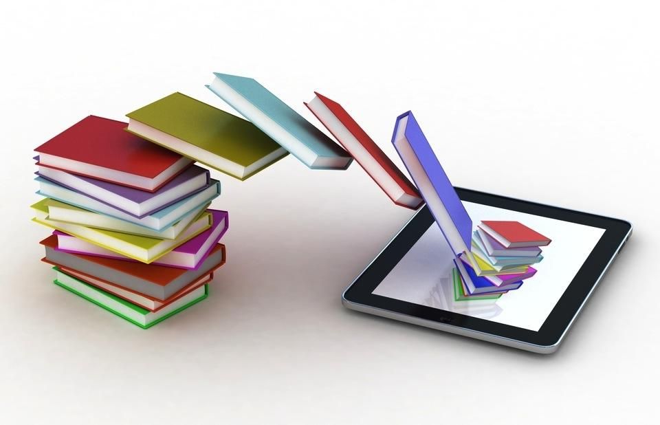 Physical books being absorbed by a tablet.