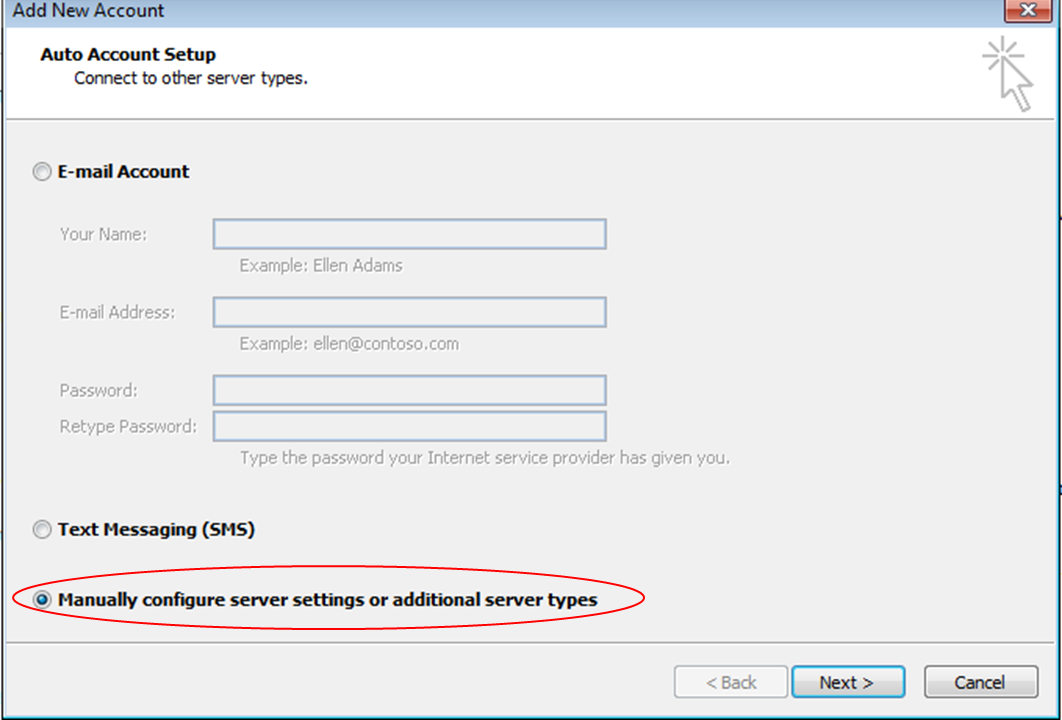 Choose Manually configure server settings and or additional server type